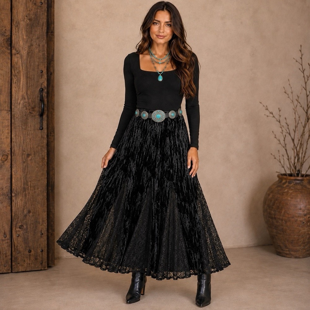 Reba Black Velvet And Lace Midi Skirt Womens S Western Boho